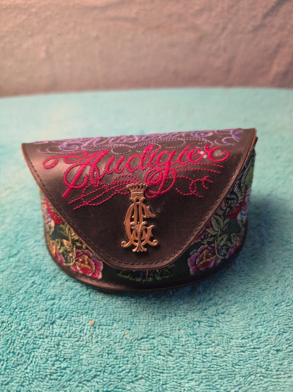Christian Audigier Sunglasses Case Black Leather Embroidered Floral Crown Y2K